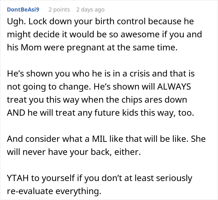 Comment excerpt showing a user advising to lock down birth control after man shows true colors assuming fianc&eacute;e is pregnant.