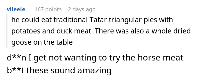 Screenshot of online comments discussing traditional food with unusual ingredients, expressing mixed reactions and surprise. Screenshot of online comments discussing traditional food with unusual ingredients, expressing mixed reactions and surprise.