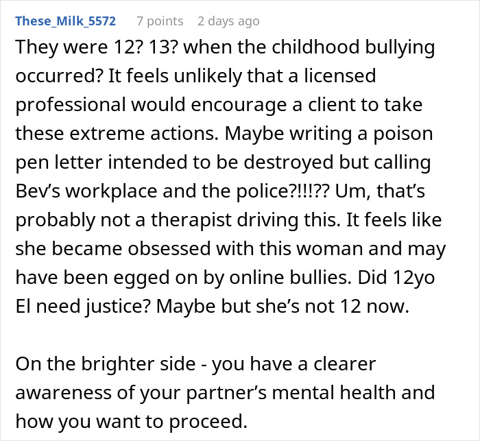 Screenshot of online comment discussing fianc&eacute;e&rsquo;s obsession with her bully affecting relationships and mental health awareness.
