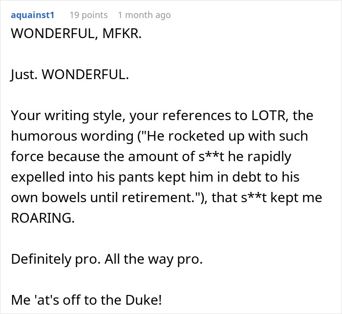 Red-haired man on laptop using theatrics to scare workplace bully, causing him to soil his pants in office setting.