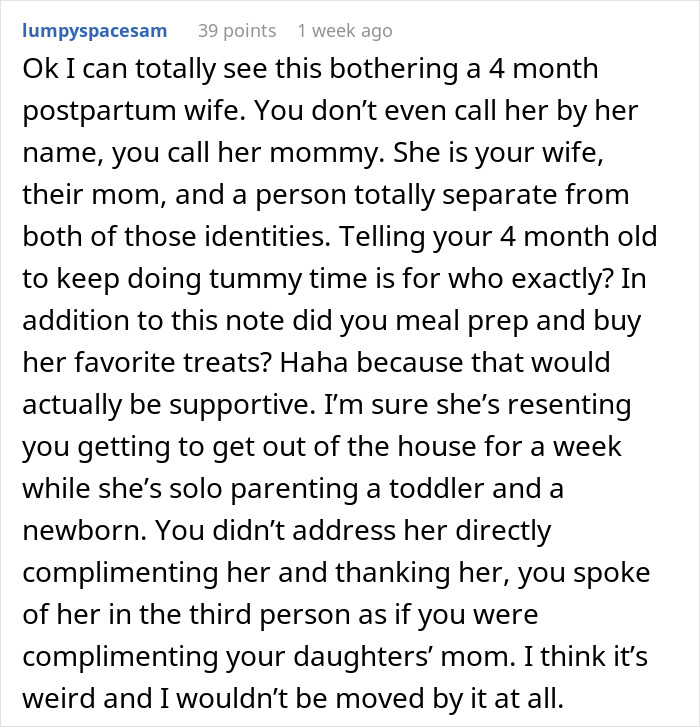 Comment discussing a husband's note to his wife postpartum, highlighting why the wife might feel upset and unsupported.