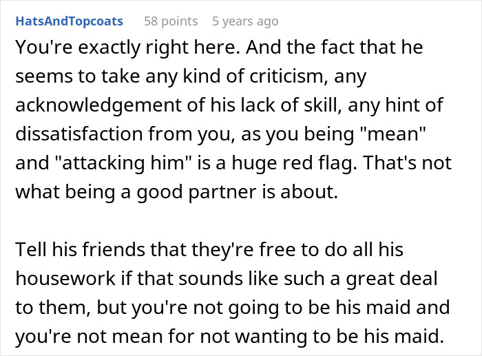 Screenshot of a Reddit comment discussing a man avoiding chores and the reality check about being a good partner.