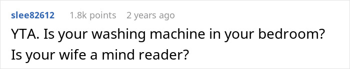 Screenshot of an online comment reacting to a man trying to blame his wife for having no slacks for his business trip.