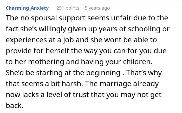 Text post discussing unfairness of no spousal support and trust issues in marriage after wife agrees to an open marriage.