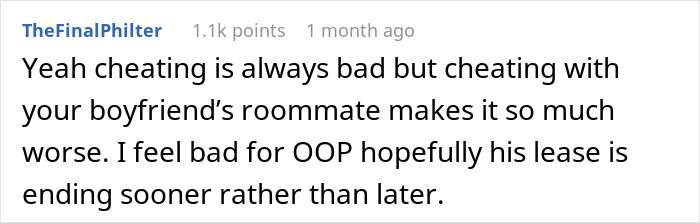 Screenshot of a Reddit comment discussing cheating involving a boyfriend&rsquo;s roommate and expressing sympathy for the affected boyfriend.