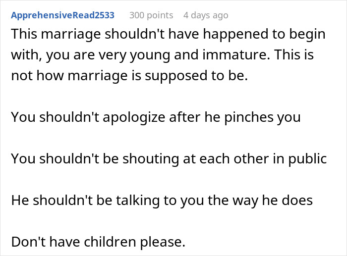 Comment discussing troubled marriage issues and husband&rsquo;s weird behavior affecting wife&rsquo;s reaction at dinner.