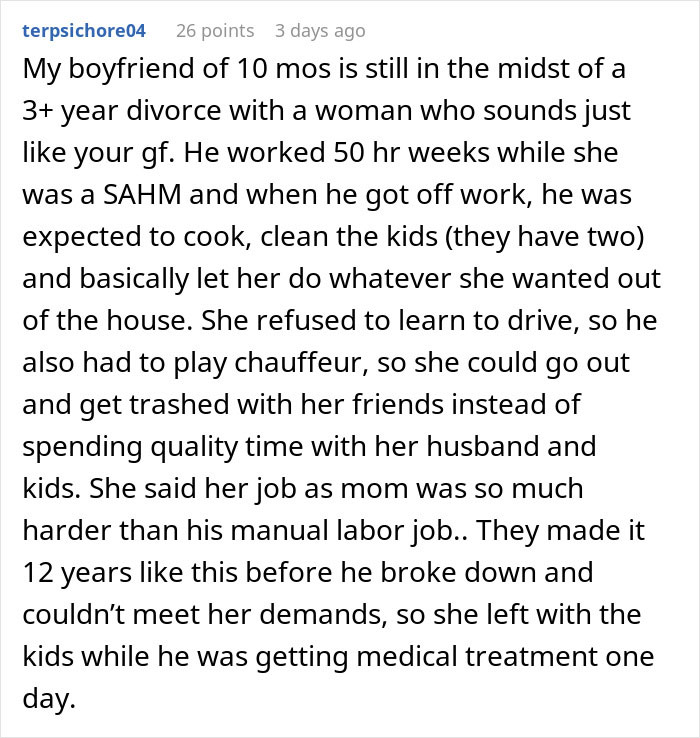 Reddit comment screenshot about a man feeling like his GF's ATM after she quit her job and demanded marriage for security.