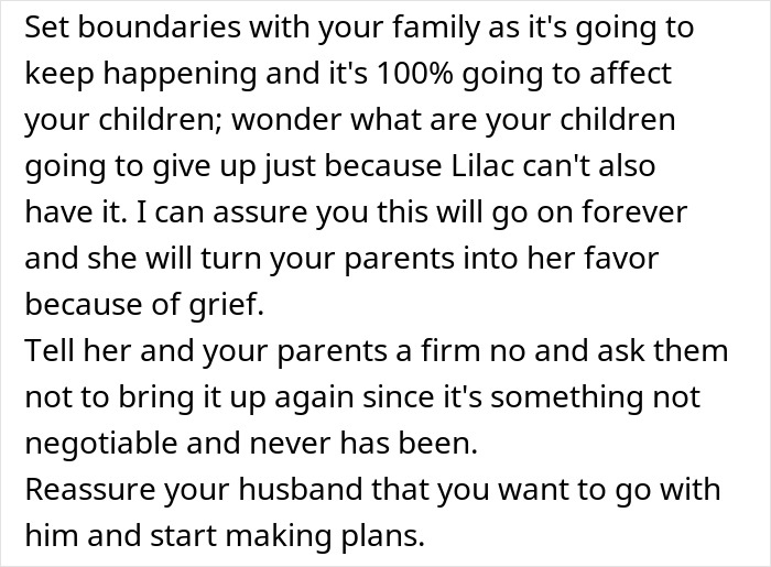Text advice on setting boundaries with family during a romantic getaway conflict involving a woman's friend and husband.