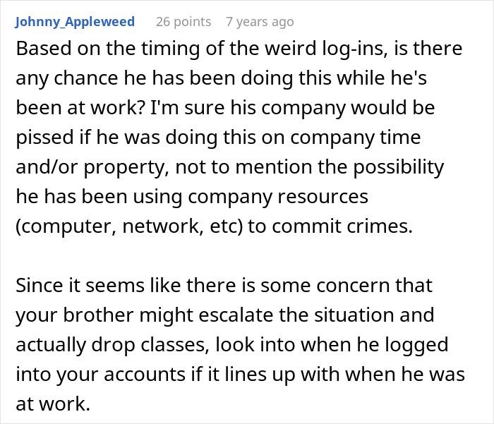 Text excerpt discussing a woman's brother's stalker tendencies causing college, job loss, and mental distress.