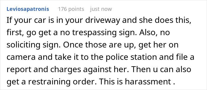 Text message discussing steps to handle neighbor religious pamphlet harassment by involving police and legal actions.