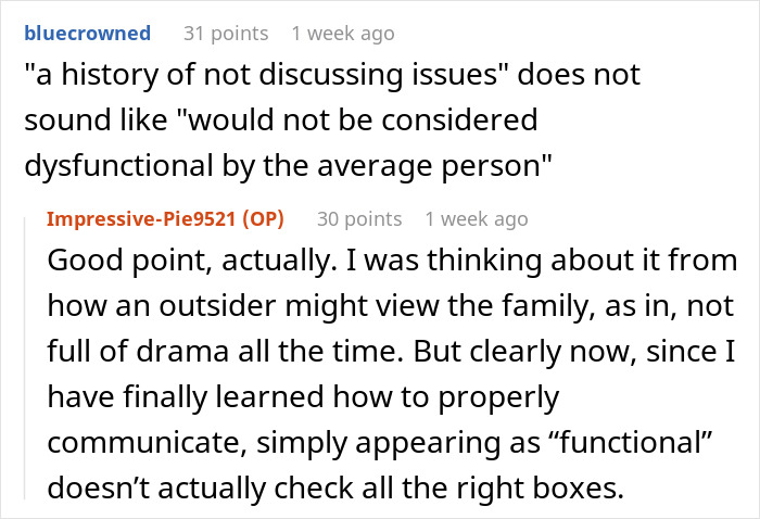 Screenshot of an online discussion about family drama involving a woman appalled by her mom enabling a chauvinist brother and gaslighting.