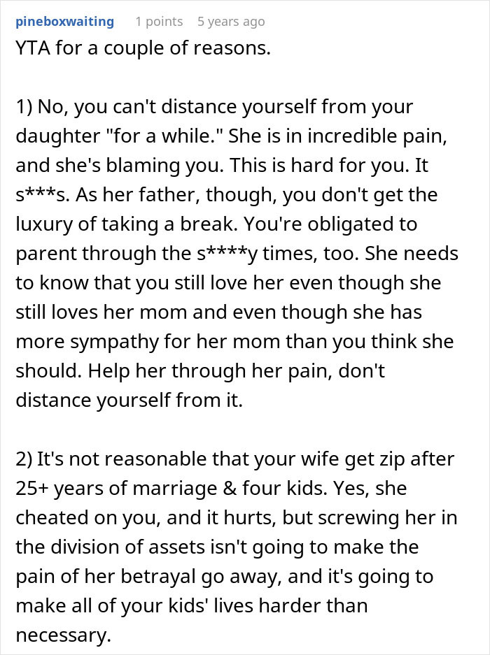 Screenshot of a detailed online comment about a dad feeling guilty for distancing himself from daughter during messy divorce.
