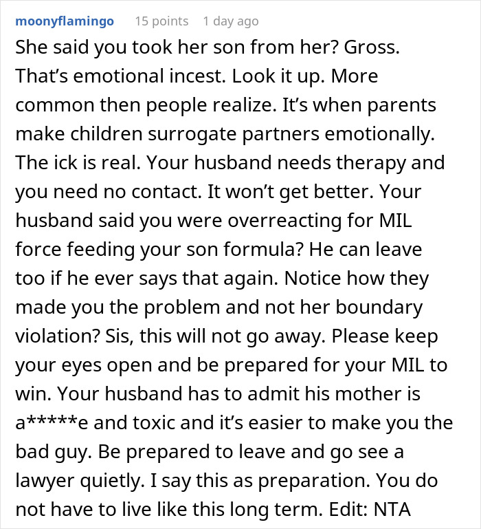 Reddit comment screenshot about a mom takes her baby storming off from MIL's house over forced feeding dispute