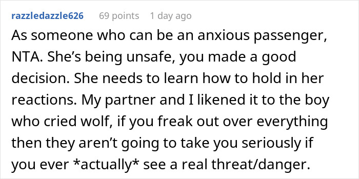 Screenshot of a forum comment discussing anxiety meltdown and safety risk related to a husband banning wife from the front seat.