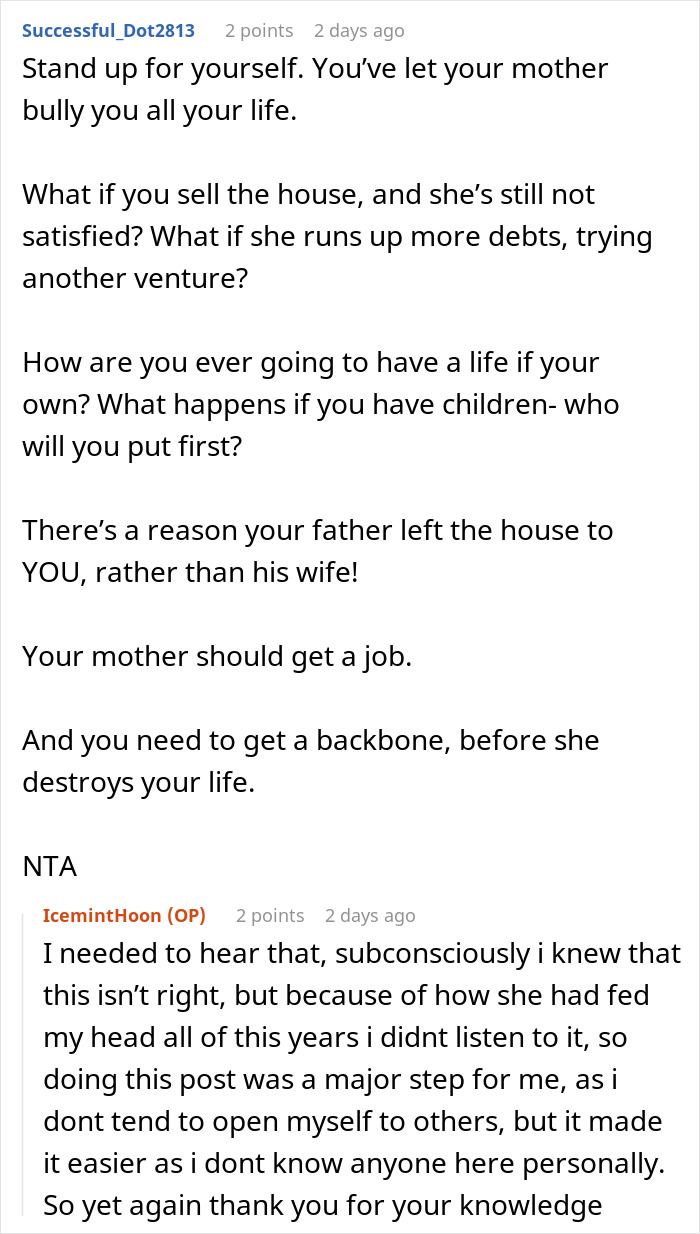 Reddit user advising daughter to stand up to mom in $37K debt over inherited home dispute. Reddit user advising daughter to stand up to mom in $37K debt over inherited home dispute.