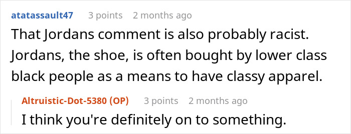 Screenshot of online discussion where user accuses Jordans shoe buyers of being lower class, with replies confirming the statement.