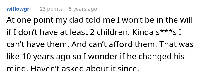 Text post discussing parents threatening disinheritance to guilt-trip couple into having children despite financial and personal challenges.