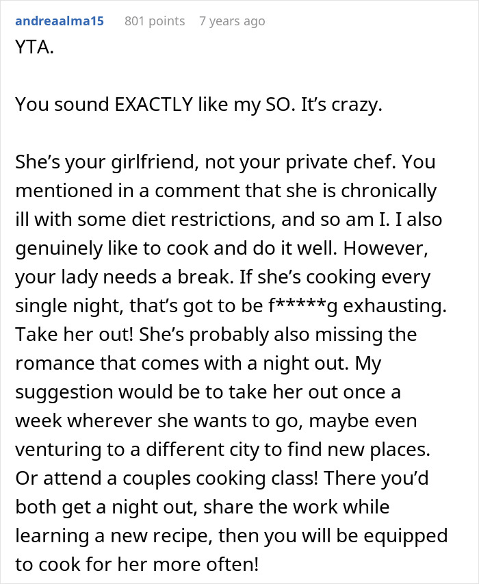 Comment discussing a boyfriend expecting his chef girlfriend to cook nightly and suggesting taking her to restaurants for a break.
