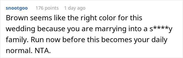 Comment discussing wedding attire conflict as mother dictates groom’s choices, leading to refusal of marriage.