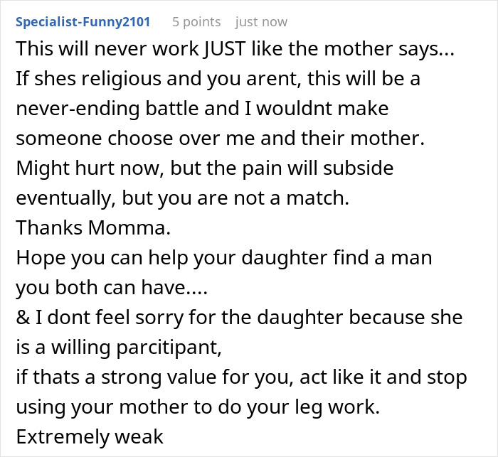 Comment discussing an extremely religious lady trying to convert her daughter's unreligious boyfriend, leading to conflict.