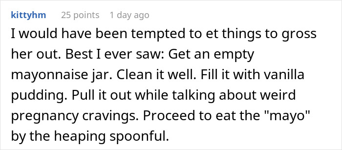 Comment about tricking someone with expired food in her pantry from 1999 and pregnancy cravings in a text post.