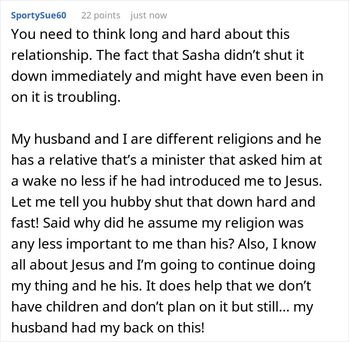 Comment discussing conflict in a relationship over religious beliefs and attempts to convert a partner.