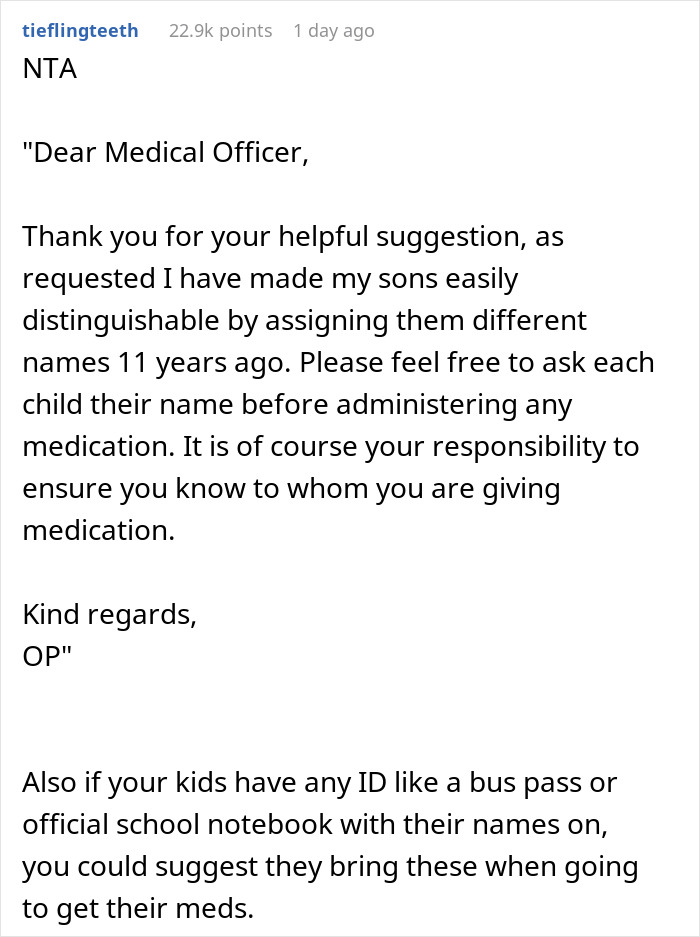 Text of a parent refusing to make twins less similar for easier school distinction, emphasizing different names for clarity. Text of a parent refusing to make twins less similar for easier school distinction, emphasizing different names for clarity.