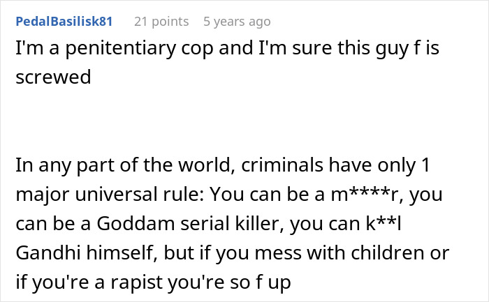 Screenshot of a Reddit comment from a penitentiary cop discussing consequences for criminals targeting children or r**e victims.