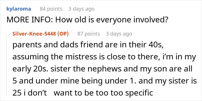 Screenshot of a forum discussing a dad&rsquo;s mistress texting his adult daughter, exposing a months-long affair and devastating the mom.
