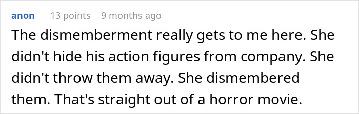 Comment discussing dismembered Star Wars action figures linked to secret hobby after wife bans man's interests.