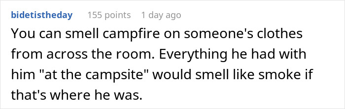 Text comment about a husband claiming a camping trip with his bro while the wife suspects the bro was actually home nearby.