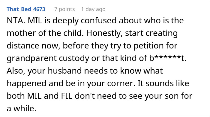 Screenshot of Reddit comment about MIL conflict, mentioning mom takes her baby and storms off after feeding dispute