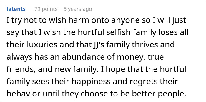 Comment expressing hope for a gay son's family to thrive despite being disowned and not invited to extravagant wedding.