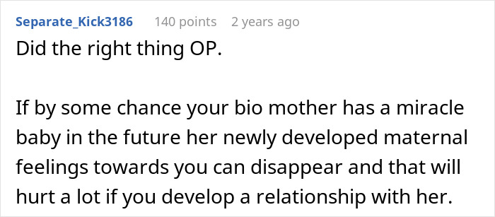 Comment about bio mom and developing a relationship, discussing feelings and potential future hurt in family dynamics.