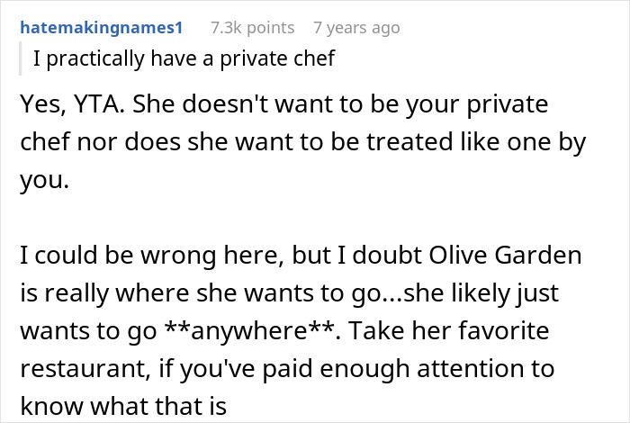 Comment discussing a chef girlfriend and boyfriend dynamic about not going to restaurants and relationship expectations.