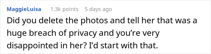 Comment discussing privacy breach after a mother secretly goes through her son's girlfriend’s wallet and takes photos of her ID.