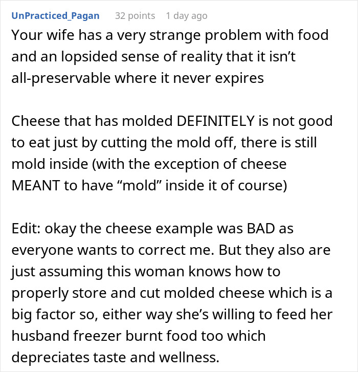 Screenshot of a Reddit comment discussing a wife&rsquo;s unusual food habits, highlighting tension after an embarrassing lesson by her husband.