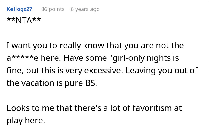 Screenshot of online comment discussing family drama and immaturity related to exclusion from girl days.