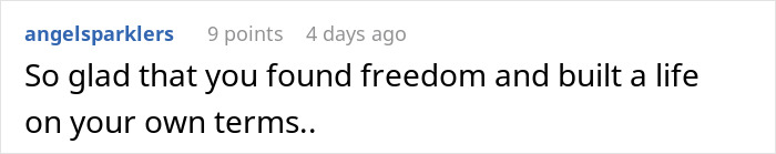 Comment from angelsparklers expressing happiness about someone finding freedom and building an independent life on their own terms.