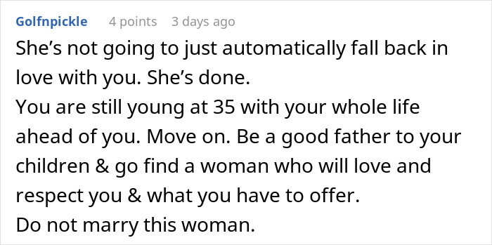 Reddit comment advising a 35-year-old man to move on and not marry; mentions GF's ATM and demands marriage for security