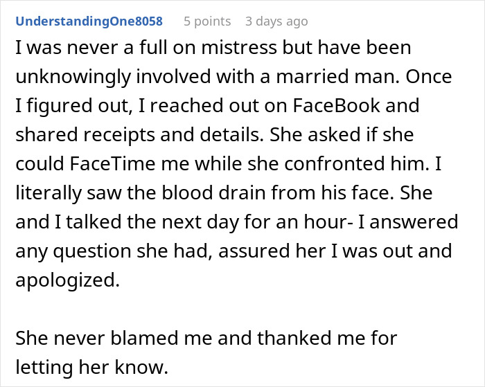 Comment describing a woman who unknowingly was a mistress in a 4-year relationship, sharing her experience with confrontation.