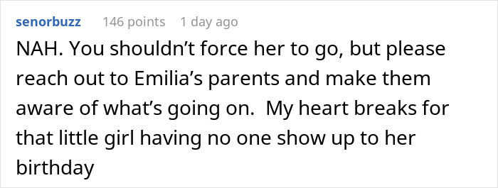 Reddit comment: parent wonders about making daughter attend a birthday that no one is attending Reddit comment: parent wonders about making daughter attend a birthday that no one is attending