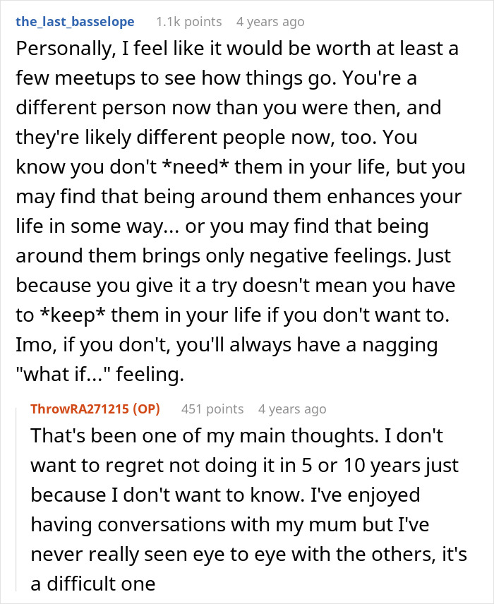 Reddit discussion about family deciding to forgive man for beating his brother five years ago, revealing tension in tone.