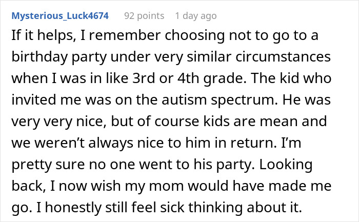 Reddit screenshot: user recalls skipping a classmate's birthday and regrets it, autism mentioned — I Am Torn Reddit screenshot: user recalls skipping a classmate's birthday and regrets it, autism mentioned — I Am Torn