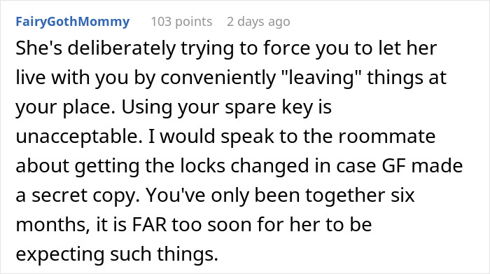 Screenshot of Reddit comment discussing a man feeling creeped out after his girlfriend uses a hidden key to enter his home.