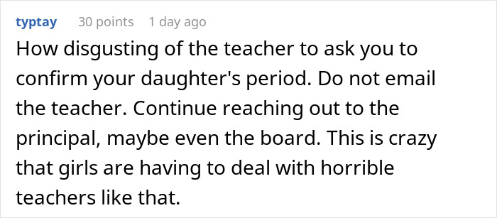 Comment criticizing a teacher for ignoring a daughter's emergency, urging to escalate the issue to school authorities.