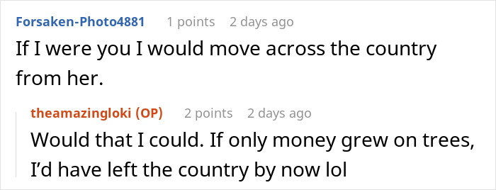 Screenshot of an online discussion where users talk about moving away and financial challenges related to mil-refuse-baby-name.