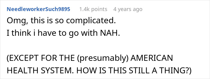 Reddit comment screenshot about a selfish lady, adopted fam and bio fam, user says it's complicated and votes NAH