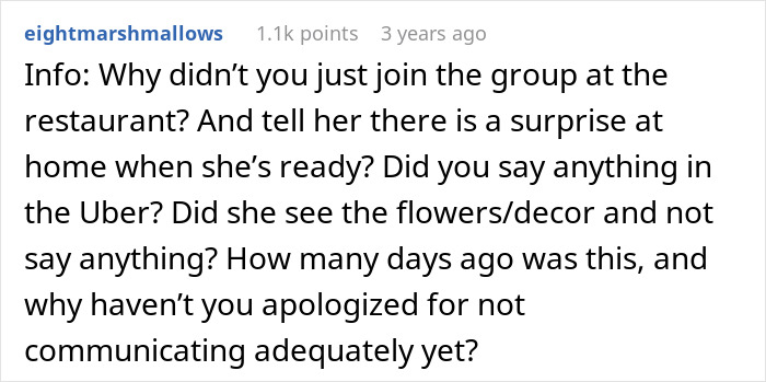 Reddit comment screenshot asking why husband didn't join group and why wife mopes at b-day party