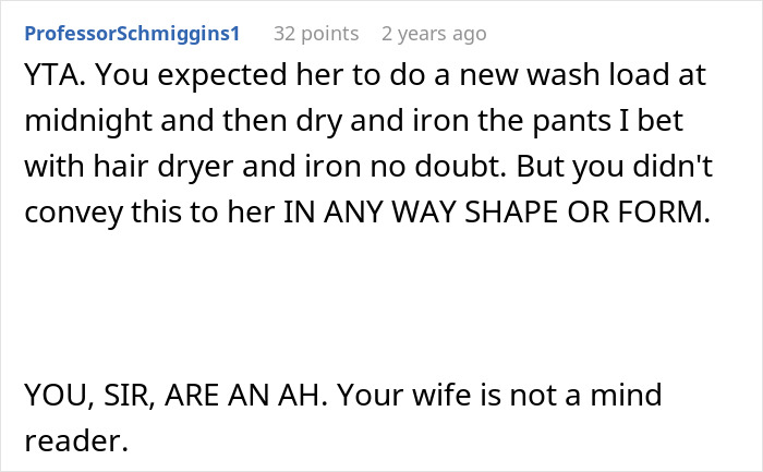 Screenshot of an online comment criticizing a man blaming his wife for no slacks for his business trip.